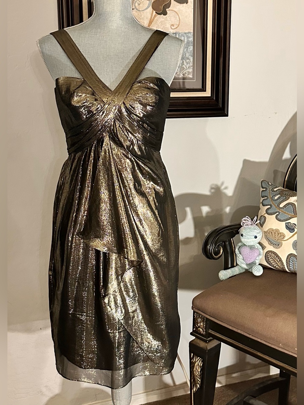 Badgley Mischka Vintage Inspo Hollywood Old Gold Lamé Cocktail Dress